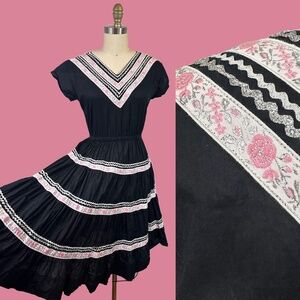 Vintage 1950s Patio Dress Pink Black Rick Rack Square Dance Trim Waist: 18"- 31